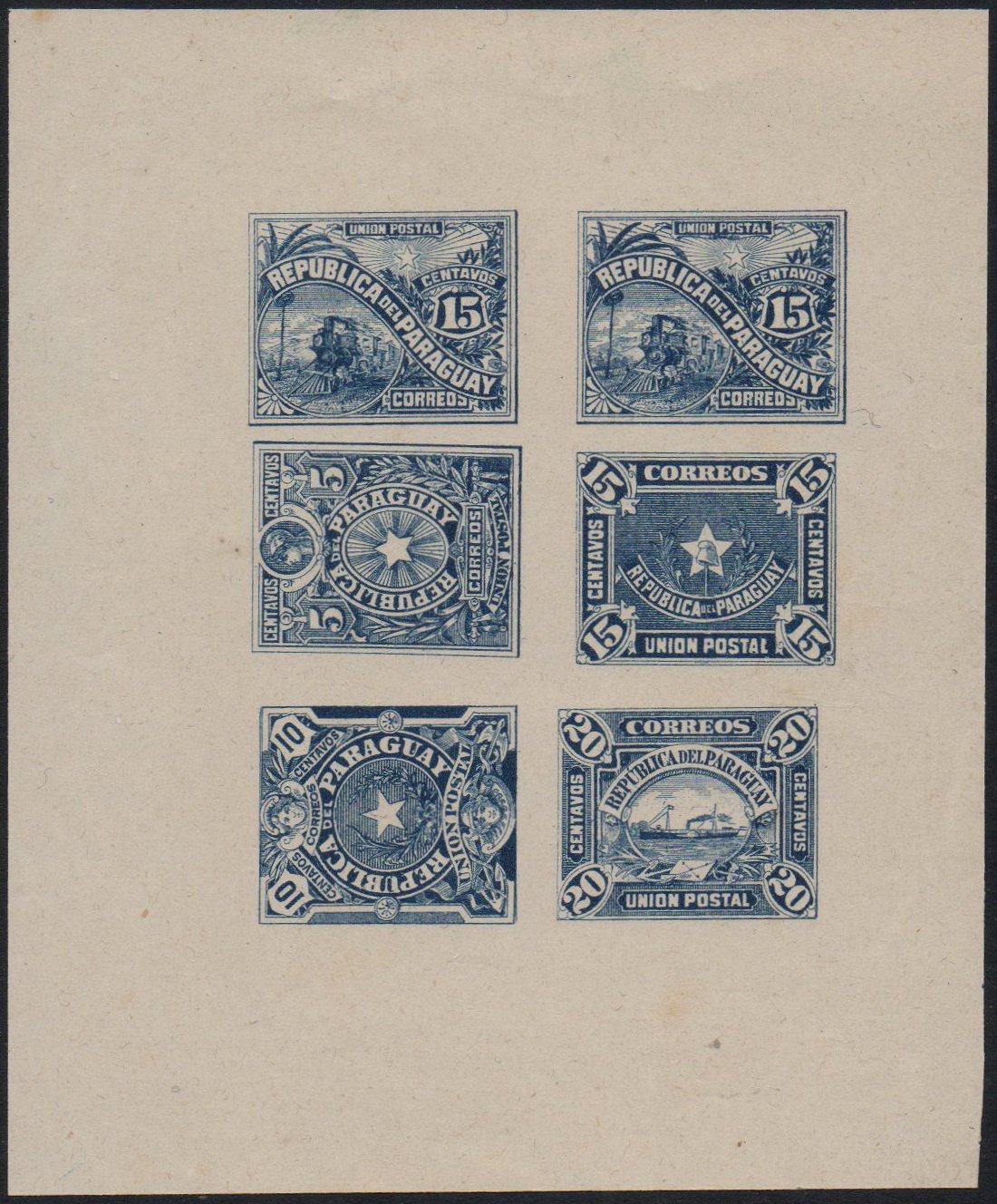 Paraguay 1886 Official proof essay sheetlets of 6